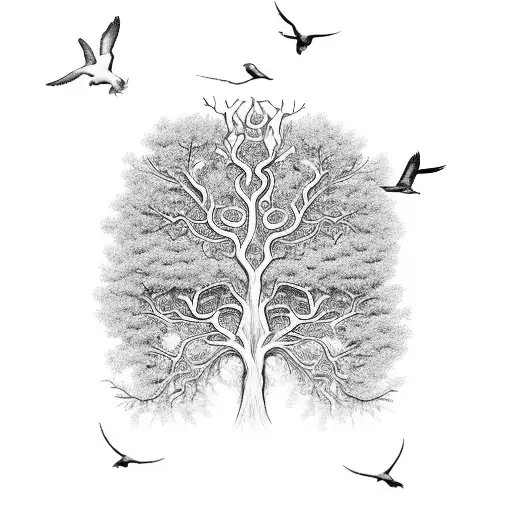An intricate tree of life design with birds perched on the branches, symbolizing the interconnectedness of all living beings tattoo design idea