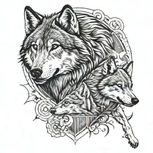 Wolf with wolf children hyper realism tattoo design tattoo design idea