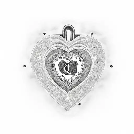 A blackwork tattoo of a heart-shaped lock with the initials 'J' and 'L' engraved on it, surrounded by intricate key designs tattoo design idea