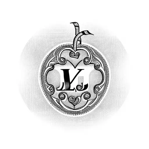 A blackwork tattoo of a heart-shaped lock with the initials 'J' and 'L' engraved on it, surrounded by intricate key designs tattoo design idea