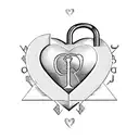 A blackwork tattoo of a heart-shaped lock with the initials 'J' and 'L' engraved on it, surrounded by intricate key designs tattoo design idea