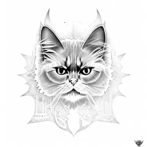 black persian cat with yellow eyes and bat wings tattoo design idea
