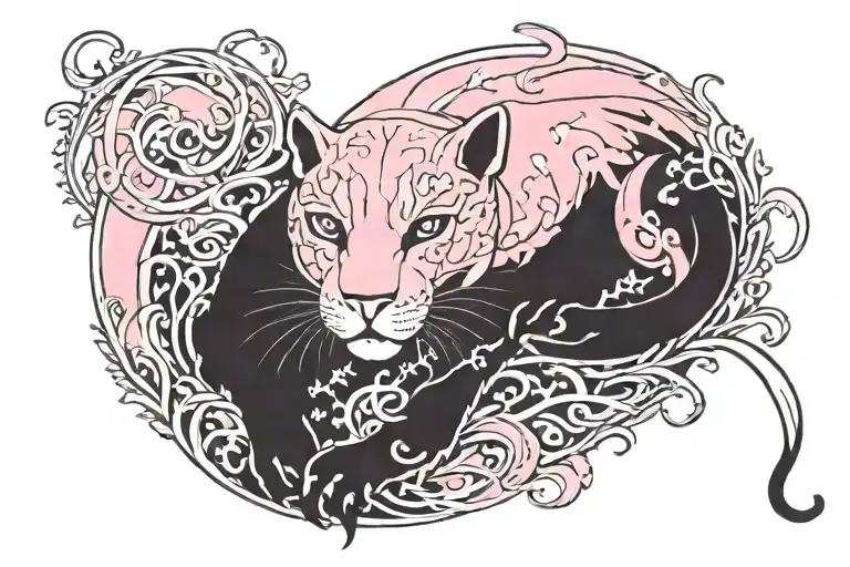 womb tattoo, panther motif, pink and white, Elvish tattoo design idea