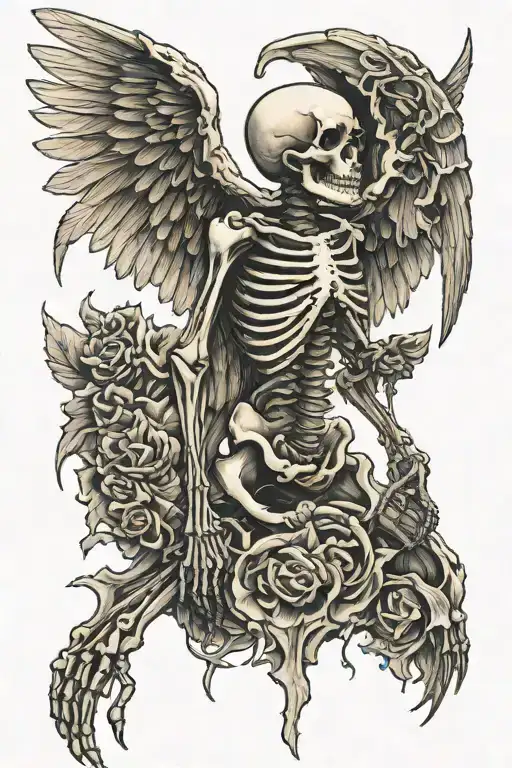 skeleton with wings turned to the side tattoo design idea