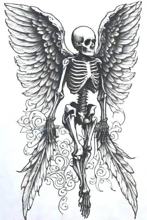 skeleton with wings turned to the side tattoo design idea