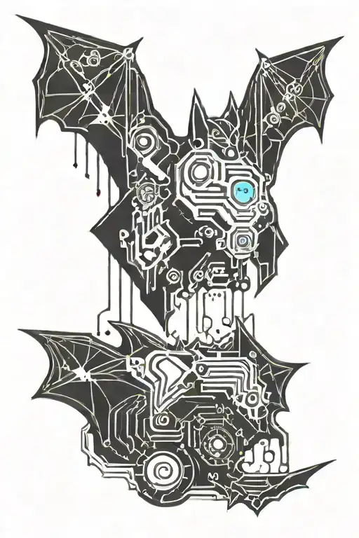 A cyberpunk-inspired tattoo of a bat with neon accents and circuit board patterns tattoo design idea