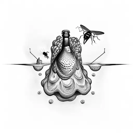 A surreal scene of a giant oyster holding a beer bottle and a hornet flying around it tattoo design idea