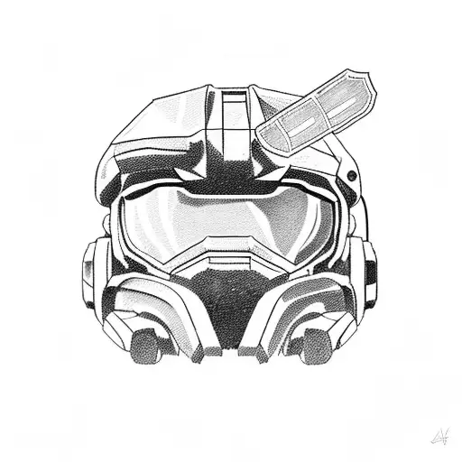Combine the iconic Master Chief helmet from Halo with a borderlands-style wasteland landscape tattoo design idea