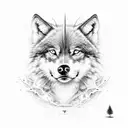 Create a detailed black-grey portrait of a wolf surrounded by Led Zeppelin lyrics tattoo design idea