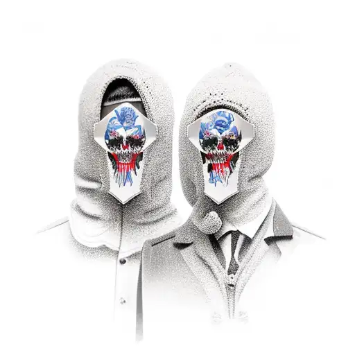 two men in suits with ski masks and guns with floral background tattoo design idea