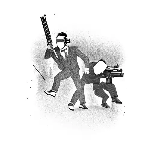 two men in suits with ski masks and guns with floral background tattoo design idea