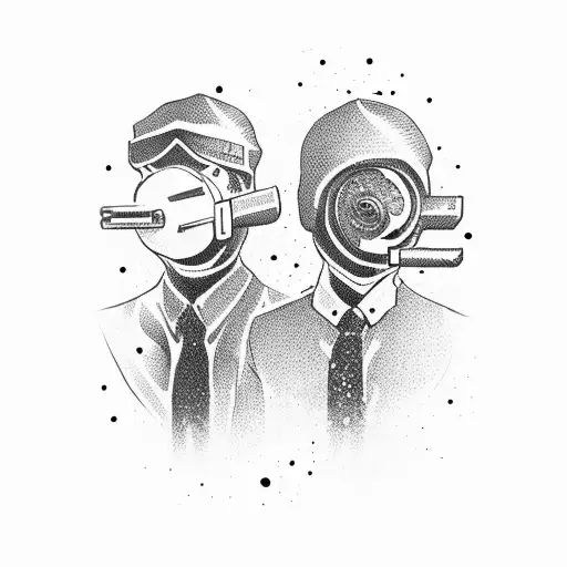 two men in suits with ski masks and guns with floral background tattoo design idea