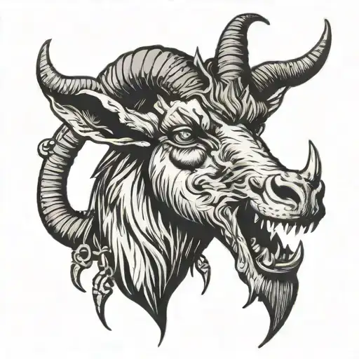demon evil goat head with stake going through mouth and head tattoo design idea