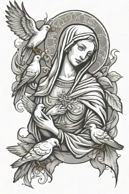 gang like virgin mary 2 doves in a circuler portrait style tattoo tattoo design idea