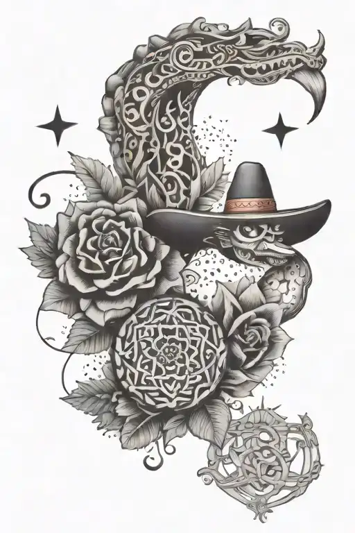 A tattoo design showcasing the iconic symbols of Mexico and Spain intertwined, reflecting your cultural heritage and love for both countries tattoo design idea