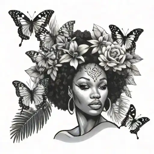 African woman with a hair flower, surrounded by palm trees, tropical flowers and a butterfly tattoo design idea