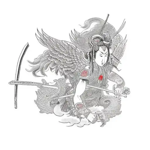 angel protecting over top of a  warrior tattoo design idea