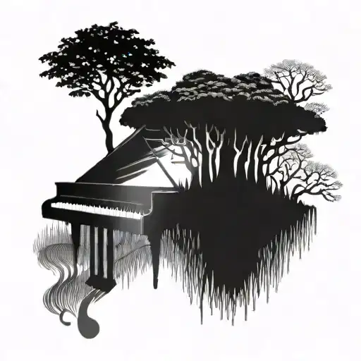 A black-grey tattoo of a tree with roots shaped like piano keys, symbolizing the client's connection between music and nature tattoo design idea