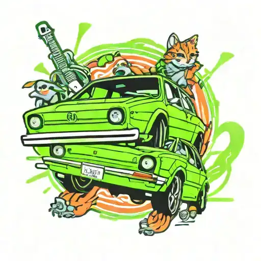 neon green Mk7 Volkswagen Golf being driven by cat tattoo design idea