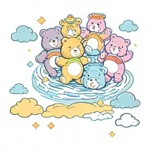 A group of care bears floating on a river surrounded by bright colors and love symbols tattoo design idea