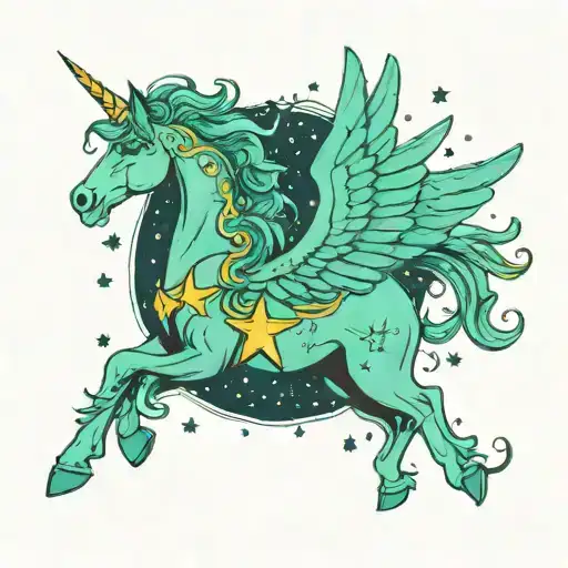 A tattoo design combining a teal pegasus flying among bright colored stars, symbolizing the journey of overcoming grief and finding hope in music tattoo design idea