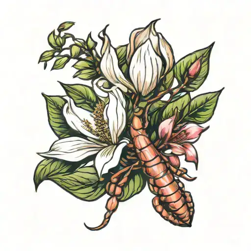 magnolia flower,  crawfish, louisiana tattoo design idea