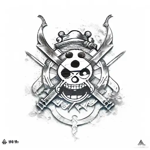 combine the logos of "One Piece" , "Assassin's Creed" and "Fairy Tale" in a linework style tattoo design idea