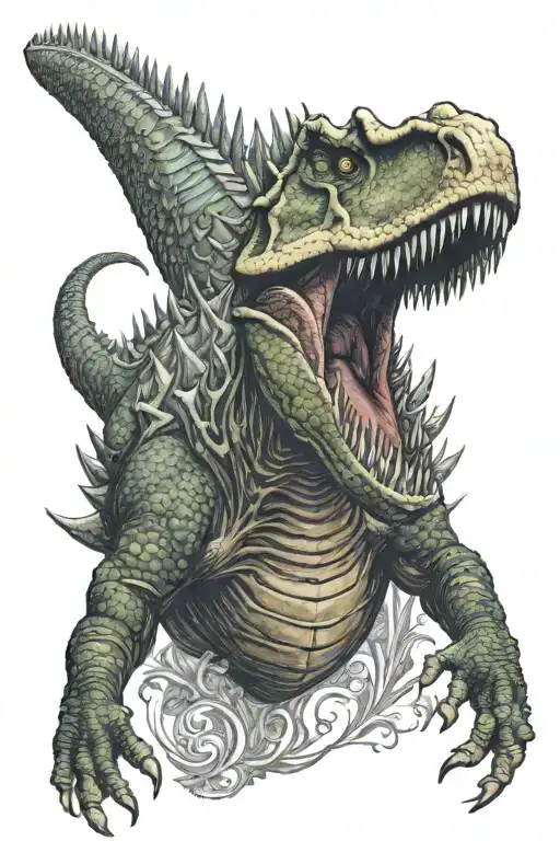 spinosaurus sorrounded by intricate details tattoo design idea