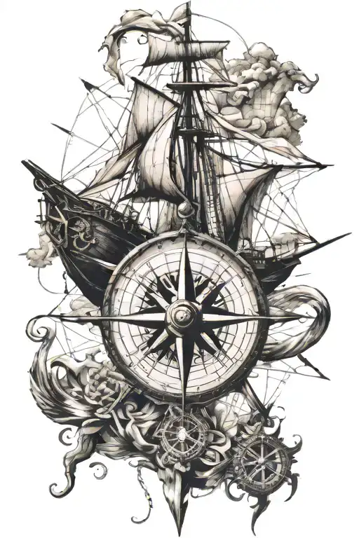 Voyage Boat sailing, compass and map with intricate etails tattoo design idea