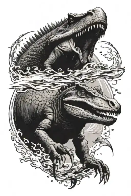 spinosaurus Cathing a fish sorrounded by intricate details tattoo design idea