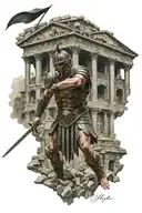roman gladiator, colluseum and ancient ruins intertwined tattoo design idea