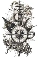 Voyage Boat sailing, compass and map with intricate etails tattoo design idea