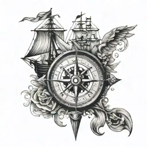 compass and pirate ship tattoo design idea