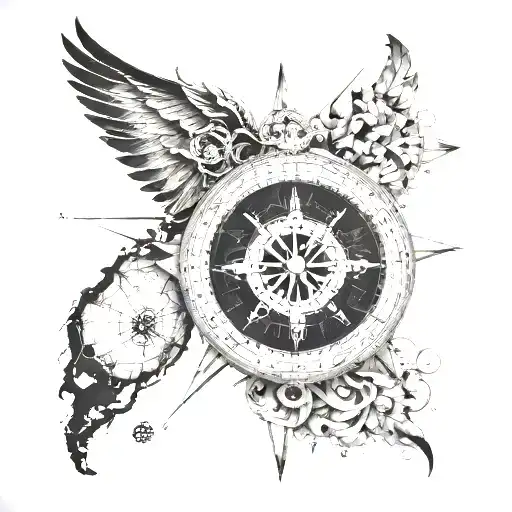 A compass surrounded by a Cuban map with intricate details,wings , brújula  tattoo design idea