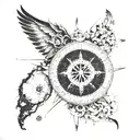 A compass surrounded by a Cuban map with intricate details,wings , brújula  tattoo design idea