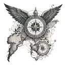 A compass surrounded by a Cuban map with intricate details,wings , brújula  tattoo design idea