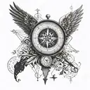 A compass surrounded by a Cuban map with intricate details,wings , brújula  tattoo design idea
