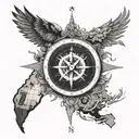 A compass surrounded by a Cuban map with intricate details,wings , brújula  tattoo design idea