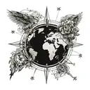 A compass surrounded by a Cuban map with intricate details,wings , brújula , wolf , paisaje for arm  tattoo design idea