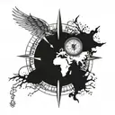 A compass surrounded by a Cuban map with intricate details,wings , brújula , wolf , paisaje for arm  tattoo design idea