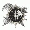 A compass surrounded by a Cuban map with intricate details,wings , brújula , wolf , paisaje for arm  tattoo design idea