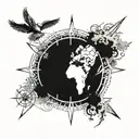 A compass surrounded by a Cuban map with intricate details,wings , brújula , wolf , paisaje for arm  tattoo design idea