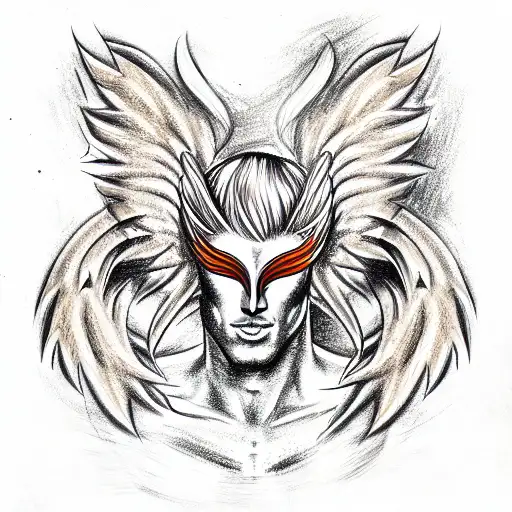 make drawing of muscular phoenix men, in bronze with phoenix mask tattoo design idea