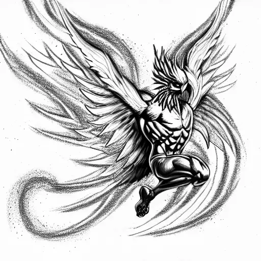 make drawing of muscular phoenix men, in bronze with phoenix mask tattoo design idea