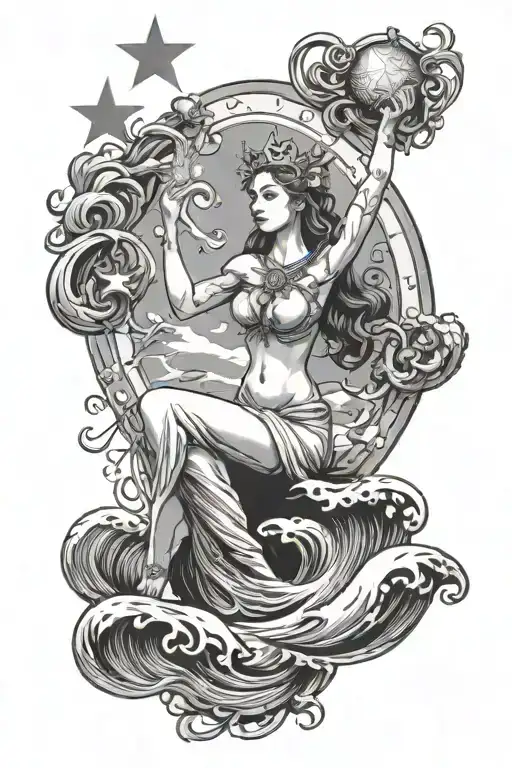 the star tarot card featuring a goddess in water waves tattoo design idea