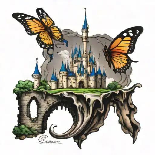 Disney castle with Gianna name written inside with a butterfly on the top of the castle tattoo design idea