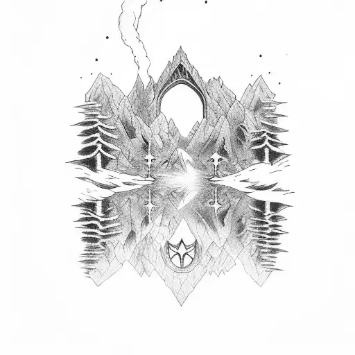Gothic window overlooking mountain peak tattoo design idea