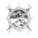 Gothic window overlooking mountain peak tattoo design idea