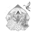 Gothic window overlooking mountain peak tattoo design idea