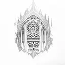 Gothic window overlooking mountain peak tattoo design idea